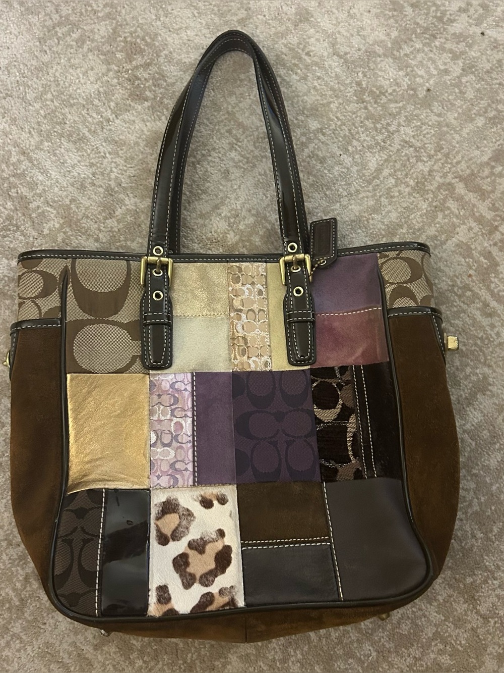 Vintage Coach Y2K Holiday Patchwork Gallery Tote Brown Purple Gold Leopard